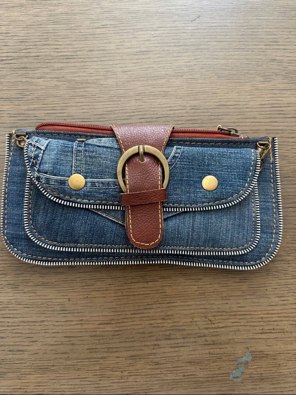 Denim and Brown Leather Accent Wristlet Clutch - Blue